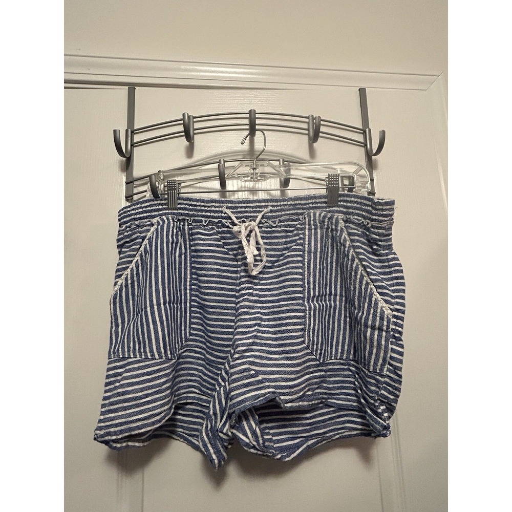 Rewind Shorts Womens 1X Blue White Striped Linen Blend Elastic Waist Lace Trim